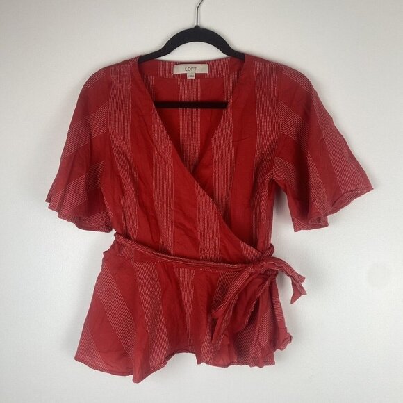 Loft Women's Short Sleeve Wrap Top Size XS Red 100% Cotton Blouse - Picture 1 of 8